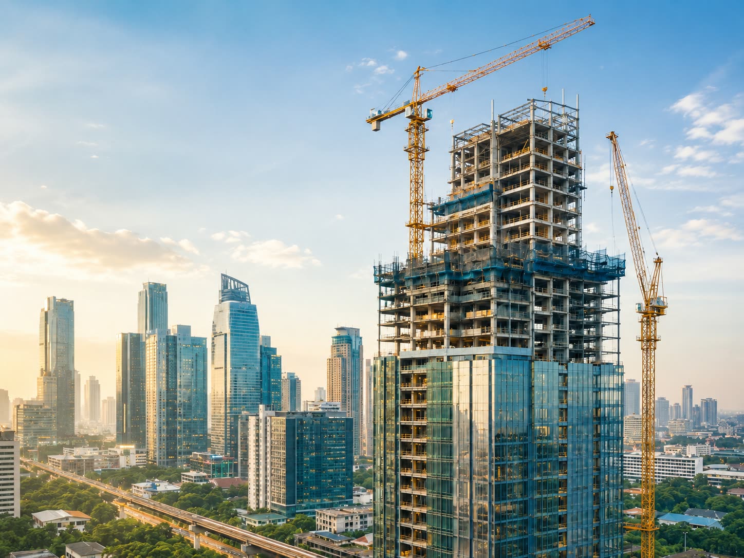 High-rise construction site in a Southeast Asian city.