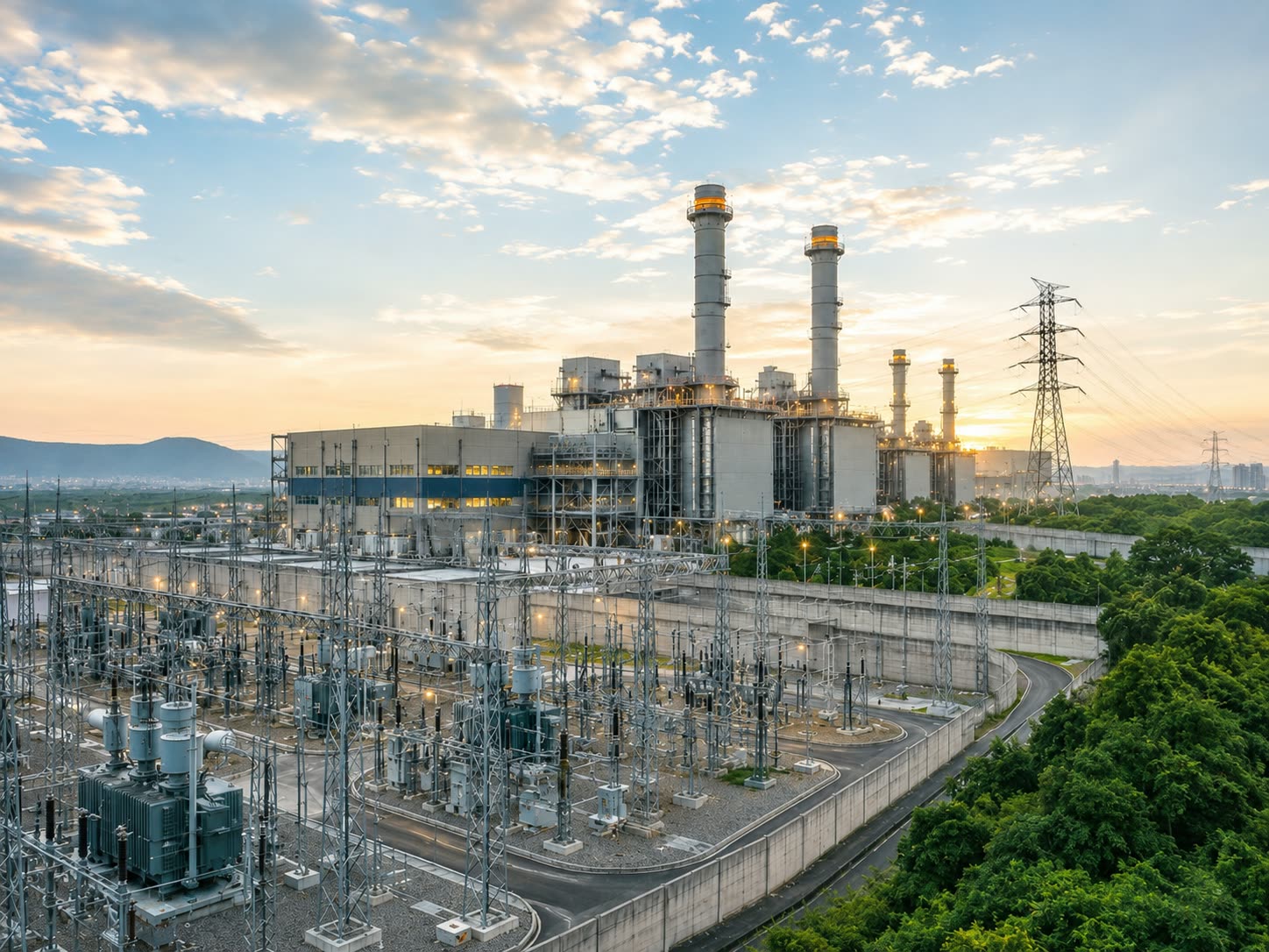 Power station and electrical substation beside green hills.