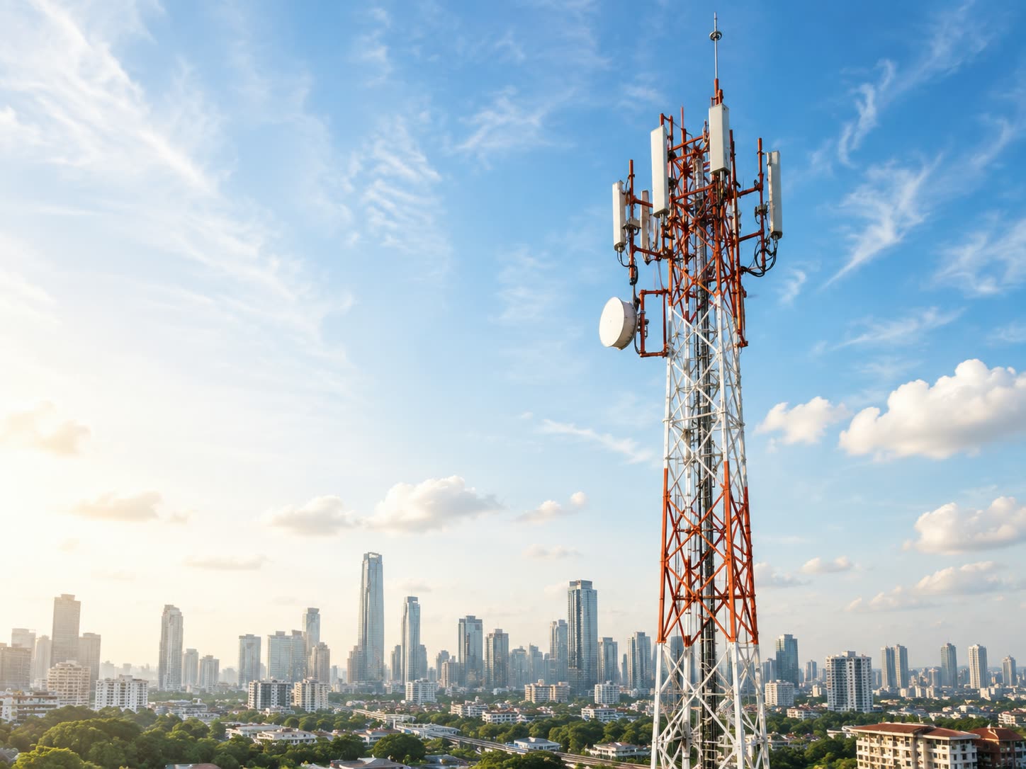 Telecommunications tower above a tropical city.